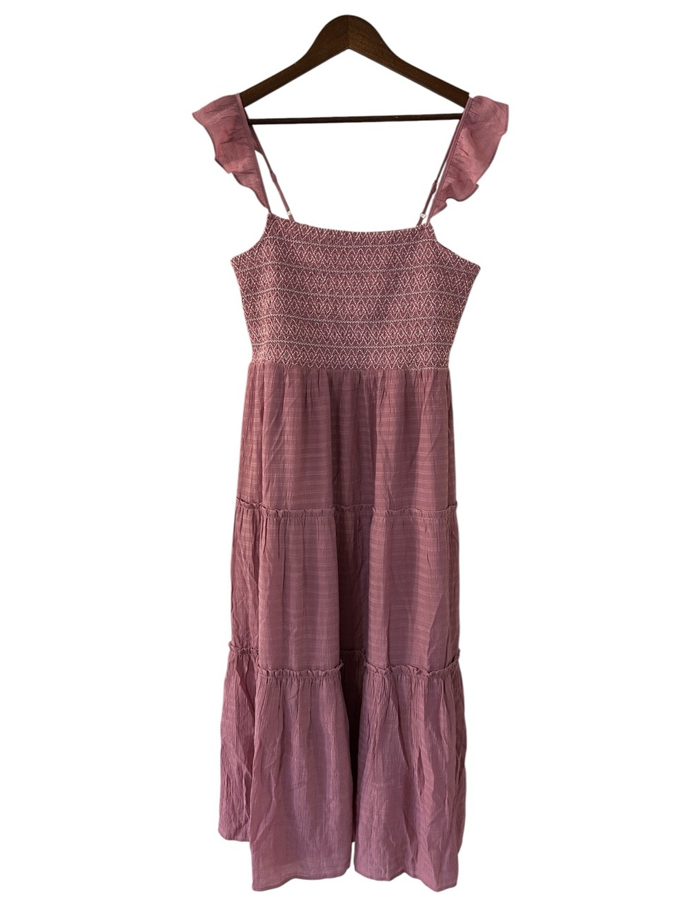 Cotton Bleu Mauve Smocked Tiered Maxi Dress Flutter Sleeve Size L Cottagecore